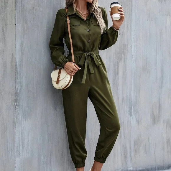 green belted jumpsuit casual classic trending - Picture 6 of 7